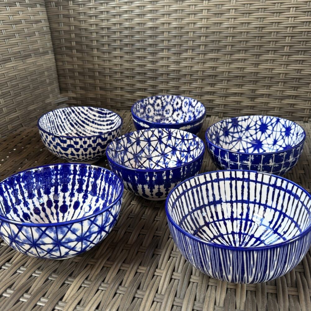 Set of 6 Signature Housewares Bowls Cobalt Blue/White Tie-Dye Printed Stoneware